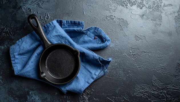 Black pan resting on rumpled blue cloth atop a textured gray and blue surface, lit from left