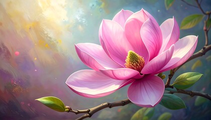 A close-up view of a blooming pink magnolia flower on a branch, illuminated by soft sunlight against a painterly backdrop