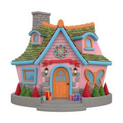 3D Christmas House Model Isolated Pink Cartoon Cottage with Butterfly Window Flower Accent and Gifts New Year Festive Dwelling