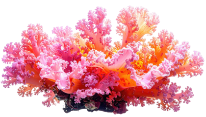 Vibrant coral with frilly, light pink branches set against a stark black background, showcasing intricate textures