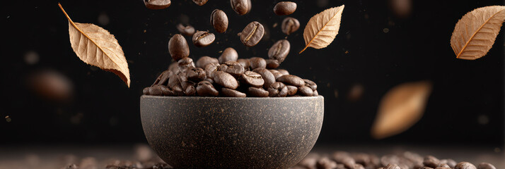 Aromatic roasted coffee bean and golden leaf falling into dark, stone bowl. rich, dynamic background that evokes an energetic and warm sensory experience