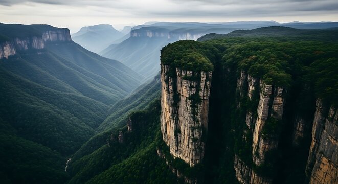 Dramatic aerial view of a deep gorge with sandstone cliffs and lush green forest remote wilderness l