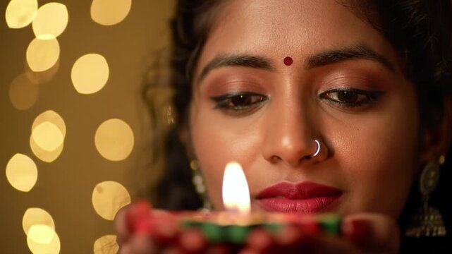 Woman holding a traditional oil lamp with festive bokeh background