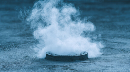 Mysterious black ice hockey puck on cold, frozen surface. Dramatic white smoke billows upward from puck creating cinematic, suspenseful and dark atmosphere