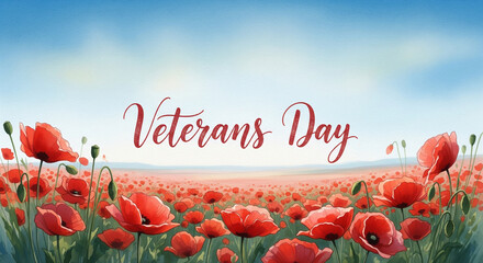 Serene field of red remembrance poppies under dawn sky with veterans day tribute in elegant gold cursive for peaceful memorial landscape photograph