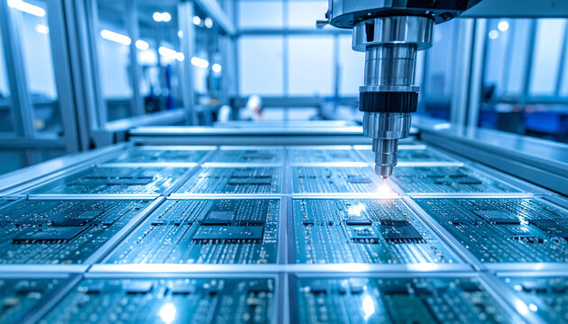 半導体基盤を製造する工場ラインで精密ロボットがチップを配置する瞬間