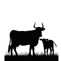 Cow and calf silhouette standing on grass. Farm cattle vector illustration