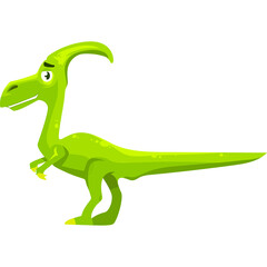 Cartoon Parasaurolophus Dinosaur Character Side View Green Brightly Colored with Yellow Accents and Googly Eyes on Transparent Background