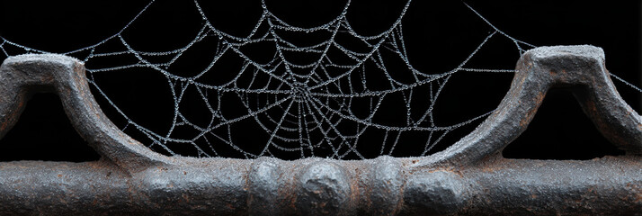 Spooky and creepy spiderweb spun on an old abandoned metal object. dark cobweb with black background, perfect for scary halloween theme, creates mysterious mood