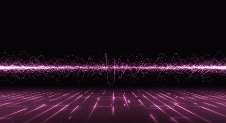 A dazzling display of pink particles creates a vibrant sound wave effect with a glowing floor of interconnected lines in a dark environment.