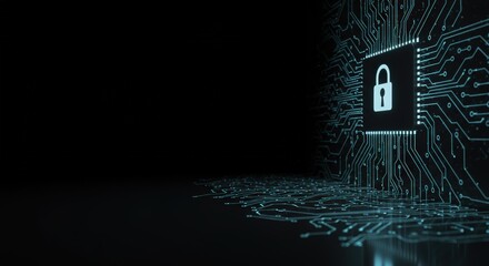 Digital security padlock displayed on illuminated motherboard chip represents network safety and cyber protection against online threats effectively.