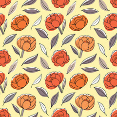 Doodle peony flower and leaf pattern yellow ground