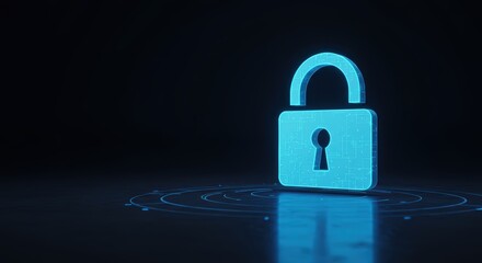 A vibrant blue digital padlock stands guard, symbolizing robust cyber security and data protection on a futuristic, glowing platform design.