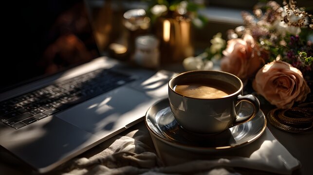 Cup of coffee beside laptop and roses in morning light on cozy desk, perfect for lifestyle blogs, morning routine content