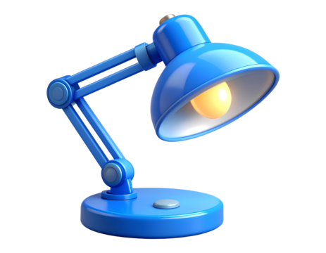 Stylized 3D icon of a modern blue desk lamp with adjustable arm and soft glow. Perfect for education, transparent background.