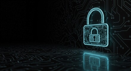 A digital padlock glows with circuit board details reflecting on a dark surface signifying cybersecurity and data protection measures.