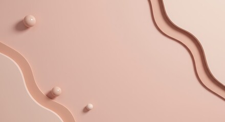 Abstract pastel pink layers with curved edges and scattered spheres create a soft and minimalist three dimensional background design element.