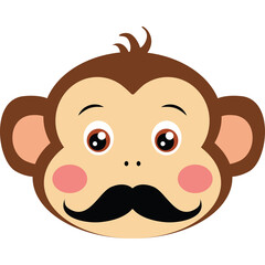 Cartoon monkey face with black mustache cute rosy cheeks and big brown eyes isolated on transparent background