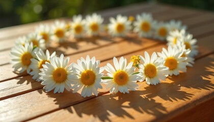 Obraz premium White daisies arranged in a heart shape on a wooden table outdoors. Flowers are in bright sunlight with shadows on the wood. Daisies are fresh and beautifully lit with natural light.