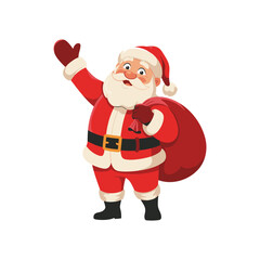 Cheerful Santa Claus Waving with Gift Sack – Merry Christmas Cartoon Illustration