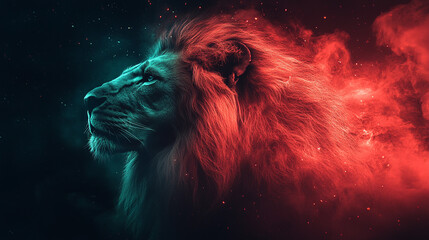 Naklejka premium Majestic lion profile, cosmic nebula background, power, mystery