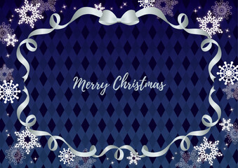 クリスマスの背景　雪の結晶　シルバーのリボン