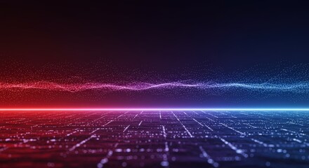 A vibrant digital landscape shimmers with dynamic red and blue particle waves flowing above a glowing grid surface in the dark background.