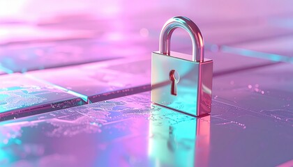 A shiny metallic padlock gleams against an abstract, circuit-like backdrop in vibrant shades of purple and blue representing cyber security.