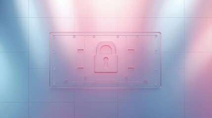 A translucent frosted rectangle featu a prominent padlock icon symbolizes safety in a digitally protected conceptual visualization space.
