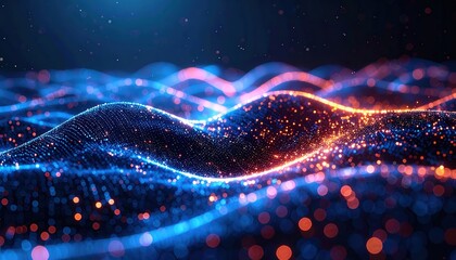 A mesmerizing abstract background showcases dynamic blue and orange digital waves flowing across a dark, illuminated landscape of particles.