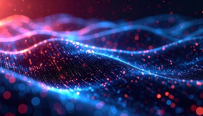 Abstract digital wave of glowing particles flows with dynamic motion creating a futuristic and visually appealing background texture design.