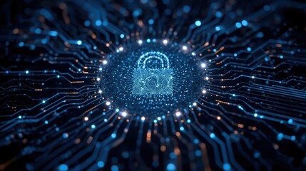 Glowing blue digital padlock protecting data streams on a computer circuit board represents cyber security and information technology concept.