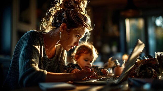 Focused young mother writing at kitchen table beside toddler in warm afternoon light, perfect for parenting blogs, remote work content