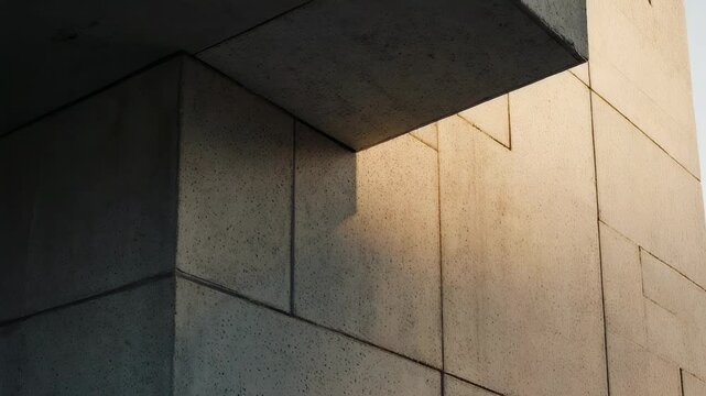 Textured Concrete Building Facade With Geometric Shadows Cast By Sunlight At Dusk