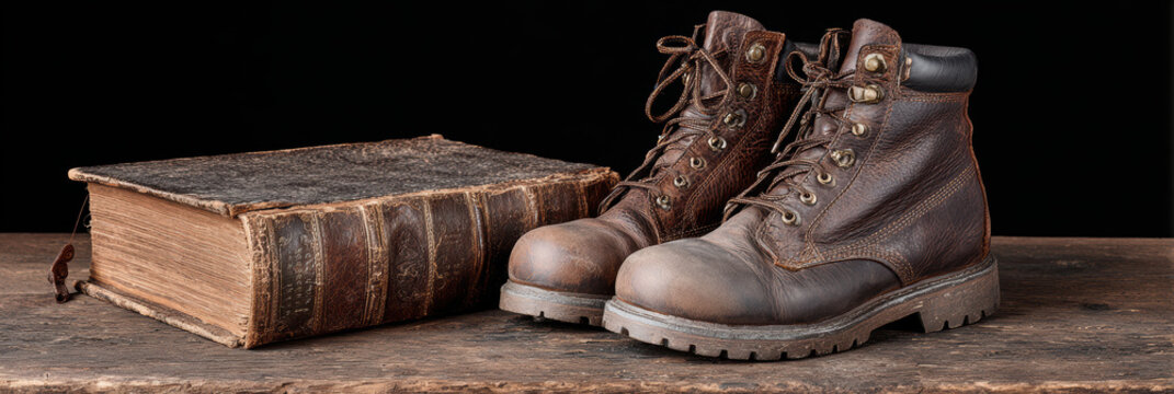 Old dirty boot and vintage book on wooden table. Nostalgic still life on black background, storytelling scene representing history, hard work and knowledge
