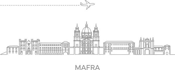 Obraz premium Mafra Portugal Landmark Skyline with Airplane and Travel Line