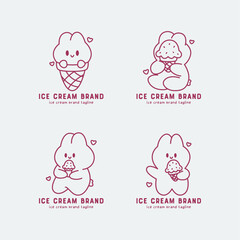 Adorable ice cream logo set featuring cute bunny characters holding cones and shaped like ice cream. Pink monoline illustration for dessert branding and sweet shop identity.