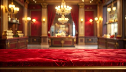 Empty red velvet counter with blurred gold shop background