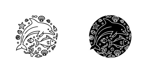 Dolphin and fish swimming among seashells and starfish