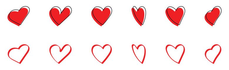 Red valentines-day heart shape hand drawn icons on white background. Isolated abstract collection of love icons on white page. EPS 10. 