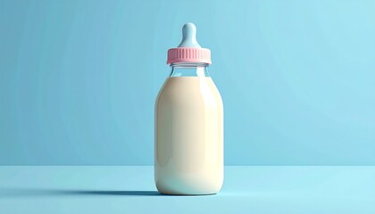 A close-up shot of a baby's bottle filled with milky substance, resting against a soft blue background