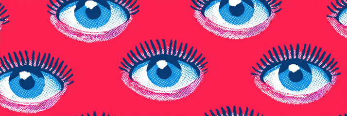 Surprising surreal pattern of repeating wide blue eye illustration with long eyelash on vibrant red background. This psychedelic, retro, pop art wallpaper design is seamless