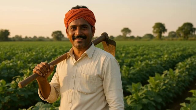 A farmer smiles at the camera, holding a hoe over his shoulder in a lush field. The video captures a warm, low-angle shot at sunset.