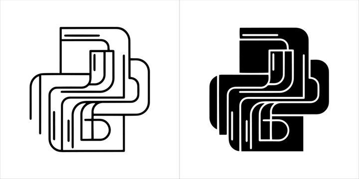 Python programming language logo in black and white outline and solid fill