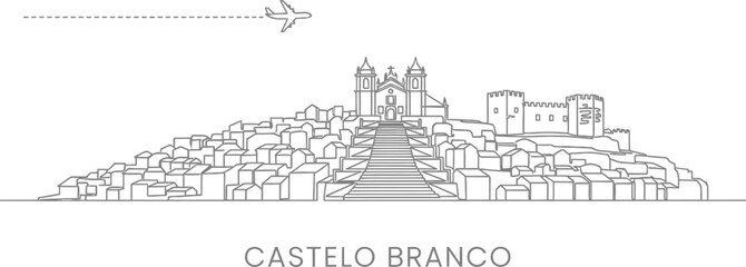 Obraz premium Castelo Branco Portugal Skyline with Airplane and Castle Outline Art