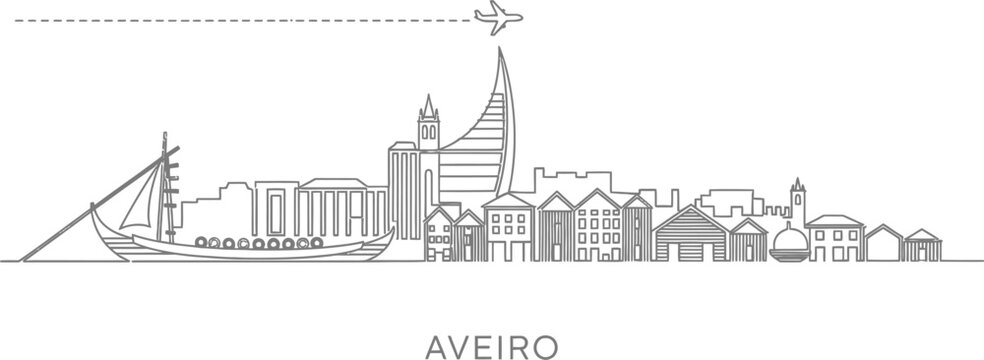 Aveiro Skyline Vector Illustration with Moliceiro Boat and Airplane