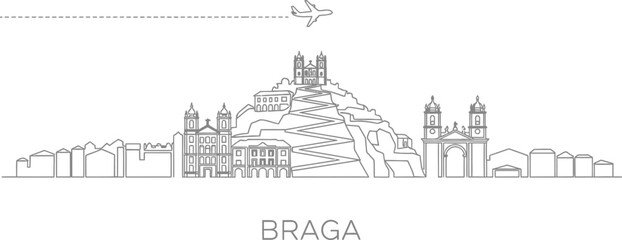 Obraz premium Braga City Skyline with Airplane and Landmark Line Art