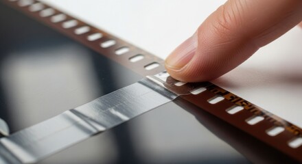 Close-up of finger holding a film strip frame — ideal for analog photography, retro aesthetics, cinema, education and creative design content.