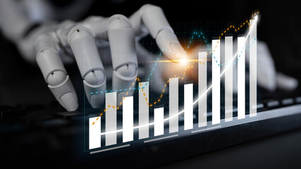A robotic hand reaches for a keyboard while displaying data visualizations, symbolizing the...