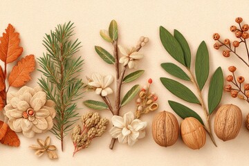 Autumnal Floral Arrangement with Walnuts on Beige Background
